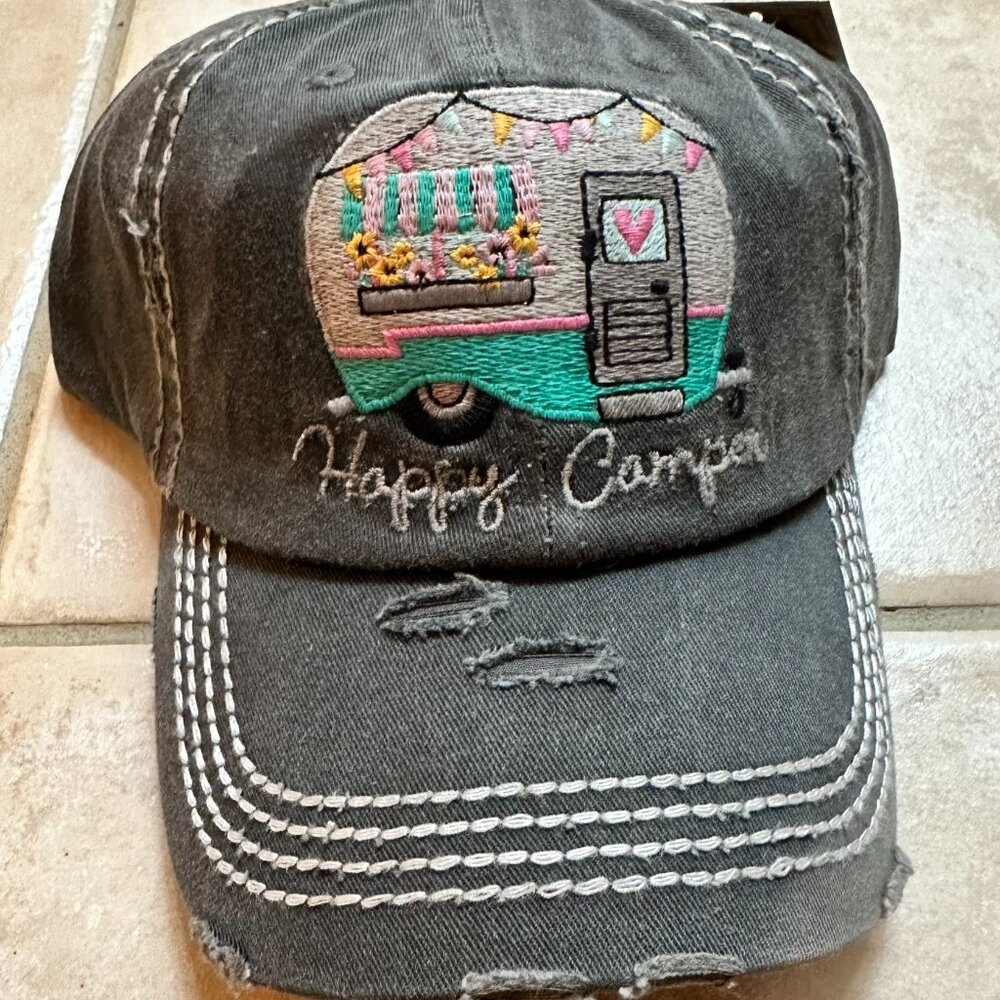 Kbethos Womens Distressed Black Happy Camper Baseball Cap